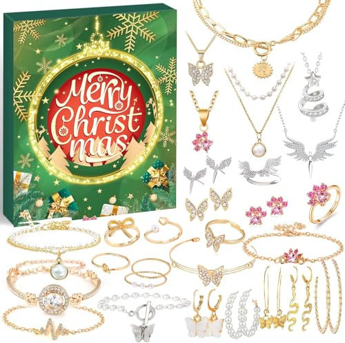Calendrier de l'Avent Bijoux Femmes 2025 - Calendrier de Noël Filles, 24 surprises Bracelet Collier Bague Boucles d'oreilles, Calendrier à rebours, Cadeau de Noël pour Femmes Adolescentes (vert)