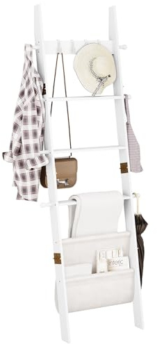 ELYKEN Blanket Ladder for Living Room, 5-Tier Wooden Towel Rack with Synthetic Leather Pocket, 4 Removable Hooks, Decorative Leaning Ladder Shelf for Bedroom, White
