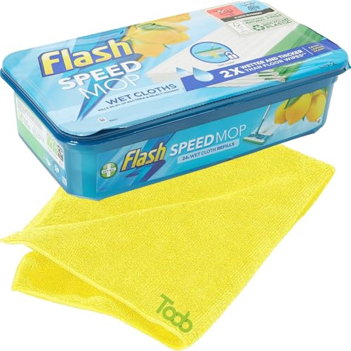 Compatible with Flash Speed Mop Refills, 24 Wet Floor Cleaning Wipes, Anti-Bacterial, Lemon Scent, Wet & Dry Mop Pads + 1x Microfiber Cloth