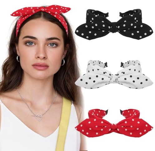 3 Stück Haarreifen Breit mit Polka Dots, Punkte Schleife Stirnband, Kaninchen Ohren Haar Bands, Rutschfest Twist Haarband, Breiter Haarreif Haarschmuck 1920er Jahre Zubehör für Frauen Mädchen