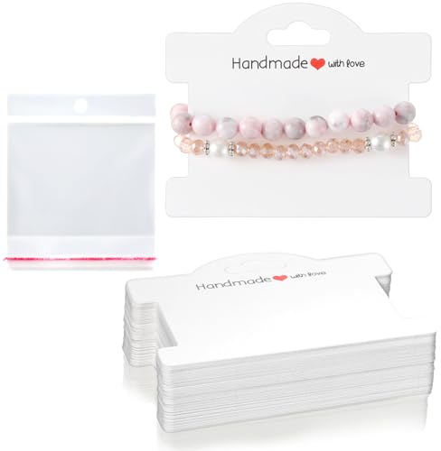 Piriuuo 50 Pcs Bracelet Display Cards with Clear Bags, Bracelet Packaging for Small Business Jewelry Display Card Handmade with Love Jewelry Tags for Selling Hair Ties, Bracelets, Necklace (White)