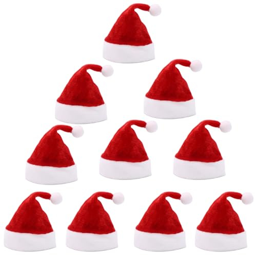 LOOGI Mini Weihnachtsmützen 10er Set, Kleine Nikolausmütze, Weihnachtsmann Mütze Santa Hut für Weinflaschen Weihnachtsdeko Tischdeko (8 * 10cm)