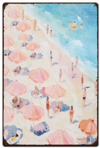 Iron Signs Beach Scene Pink Beach Summer Seasides Not Easy To Rust Metal Tin Sign Art Iron Poster Painting For Living Farmhouse Garden 20X30Cm