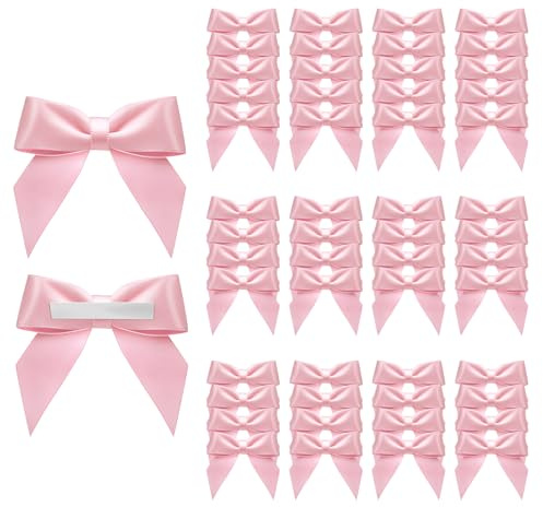 Acsatont 50 Stück Schleifen Kleine Deko, Satinband Schleifen Selbstklebend, Geschenkschleifen zum Basteln für Geschenkverpackungen, Valentinstag Hochzeit Weihnachten (Rosa)