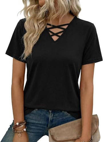 Totatuit Camiseta Mujer Manga Corta Verano Cuello en V Top Unicolor | Cuello V, Estilo Diario, Uso Casual, Combinación Versátil