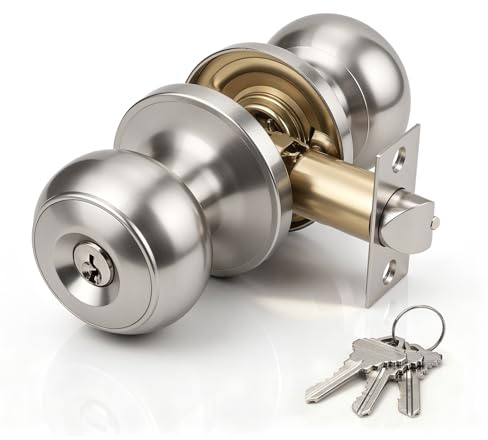Brotima Round Satin Nickel Entry Knob Set,Keyed Door Knob for Front Entrance Wooden Doors,Door Lock Set with Adjustable Latch (60mm/70mm)