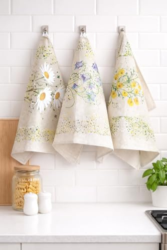 textile idea Geschirrtücher 45x60 cm, Geschenkset aus 3, 20% Leinen, 80% Baumwolle Handtücher, Sommerwiese-Design Küchentücher mit aufwendiger Stickerei, weich, schnelltrocknend und saugfähig