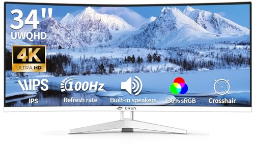 CRUA 34 Écran Gaming 100Hz WQHD Blanc - Moniteur PC Incurvé IPS, HDR10, FreeSync, 130% SRGB,21:9 UltraWide, 3800R, Hauts-Parleurs,VESA