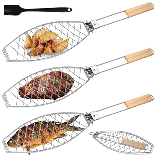 3 pinzas para barbacoa de pescado, 63 x 12 cm, parrilla de acero inoxidable con mango de madera, cepillo de aceite, soporte para pescado, pinzas para asar, pinzas grandes para asar pescado, pinzas