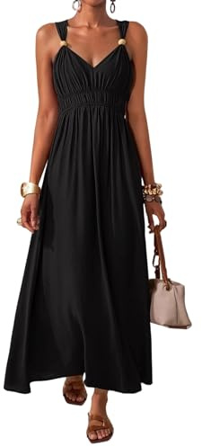 Robe D'été Femme Casual Solide Col V sans Manches Robe De Plage Chic Et Élégant Bohème Robe De Vacances Décontractée Fluide Robe Caraco Bretelles Spaghetti Longue Robe pour Les Vacances, la Plage