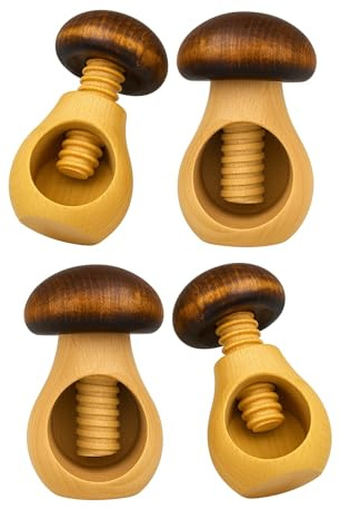 NEUSTANLO Nussknacker Set 4-teilig | Pilz Design in Braun | massives Buchenholz handgefertigt | Schraubgewinde mit dickem Gewinde | klassischer Charme | ideal für Walnüsse & Haselnüsse