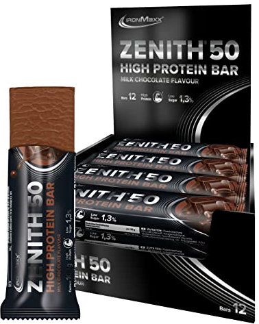 IronMaxx Zenith 50 High Protein Bar - Chocolate - 12 x High Protein Riegel 100g mit 50% Eiweiß pro Riegel, Low-Sugar Snack, mit cremiger Umhüllung