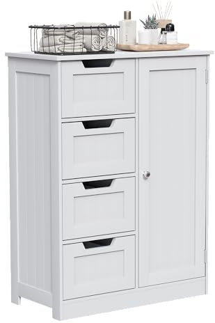 Bath Vida Freestanding Bathroom Floor Cabinet, 4 Drawers & 1 Door Wooden Storage Unit, with Adjustable Shelf for Bathroom, Living Room, Kitchen, Entryway, 30Dx60Wx81H (White)