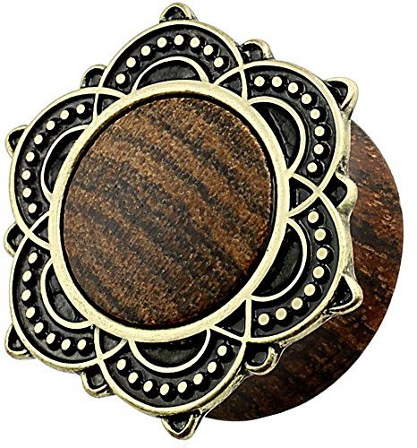 Piersando Ohr Plug Piercing Ear Flesh Tunnel Ohrpiercing Schmuck Ohrplug Vintage Tribal Ethno Lotusblüte Holz Altgold Organic