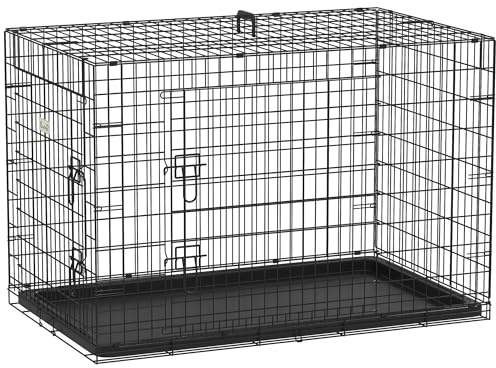 PawHut Vikbar hundbur, i metallstål, 2 låsbara dörrar, avtagbar bricka, hundtransportbur, 106 L x 68 B x 76 cm, svart
