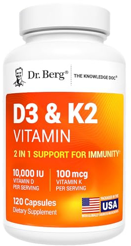 Dr. Berg Maximum Strength 2-in-1 Vitamin D3 K2 10,000 IU | Naturally Derived D3 | 4X Lab-Tested & Verified | High Absorption Formula | K2 D3 Vitamin Supplement - 120 Capsules