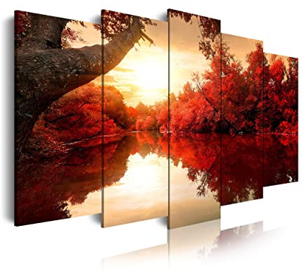 DekoArte 192 - Modernes Bild, digitalisierter Kunstdruck | Dekoratives Bild für den Salon oder das Schlafzimer | Stil Landschaft Natur mit Wasser rote Bäume | 5 Teile 150 x 80 cm