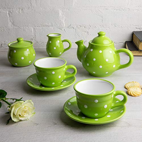City to Cottage® Set de Tetera, Jarra de Leche y Azucarero de Cerámica Artesanal de Lunares con 2 Tazas y Platitos en Verde Lima y Blanco
