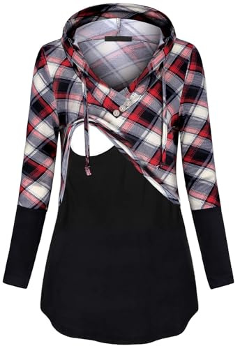 connche Quinee Breastfeeding Hoodie, Womens V Neck Nursing Tops for Women Casual Plaid Shirt Pullover Knitted Cute Loose Fit Maternity Sweatshirt Fashion Tunic Activewear Black Red Plaid S