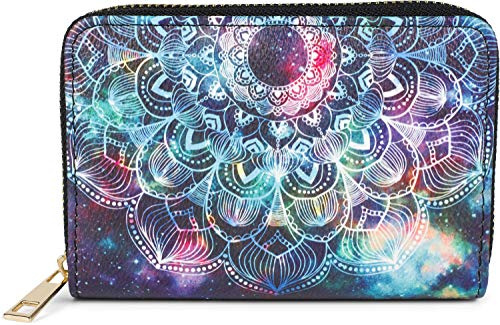 styleBREAKER Damen Kleine Geldbörse mit Bunte Mandala Ornament Muster, Ethno Style, Reißverschluss, Portemonnaie 02040149, Farbe:Schwarz-Türkis-Violett