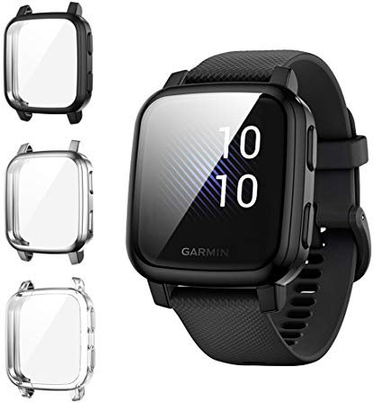 Diruite 3-Pack for Garmin Venu SQ/Venu Sq Music Screen Protector Case, flexible TPU full protection screen protector [anti-stain] [scratch-resistant]-Clear+Silver+Black