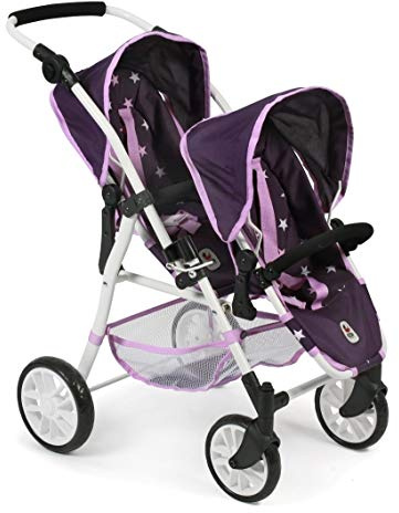 Tandembuggy Twinny, Zwillingsbuggy für Zwei Puppen, Puppenwagen für Kinder von 4 bis 8 Jahren, Stars Lila | Sportlicher Zwillingspuppenwagen. Höhenverstellbarer Griff (44–83 cm). Stars Lila. Wendig, kompakt & leicht steuerbar.