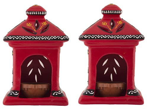 Village Decor handgefertigte Tonhüttenlampe/Teelicht/Öllampen für Puja (rot, 2 Stück)