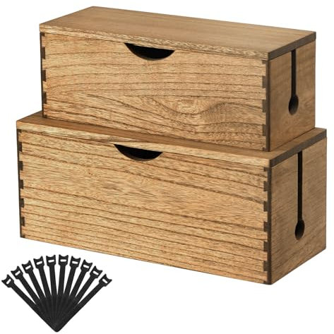 KIRIGEN Caja de Cables de Madera Maciza, Juego de 2 Caja de Cables Grande para enchufes, Cargadores y Almacenamiento de Cables, organización de routers Amarillo-marrón