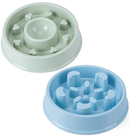Hesheng 2 Pack Slow Feeder Dog Bowl Puppy Slow feeding bowl Interactive Feeder Pet Bloat Stop Dog Bowl Non-Slip Healthy Eating Bowl for Small Medium Large Dogs(Heart-Green + Moon-Blue)