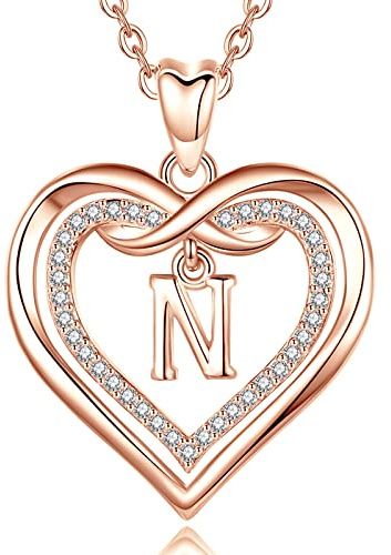 AEONSLOVE Kette mit Buchstaben Gold Namen Halskette Damen mit Buchstaben Rosegold Herz Initialen Anhänger mit Zirkonia Alphabet Charm Kupfer Schmuck für Frauen Mädchen