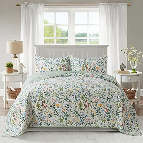 NEWLAKE Baumwoll-Tagesdecken-Set, wendbar, Patchwork-Bettbezug-Set, grün, klassisches Blumenmuster, Queen-Size-Größe