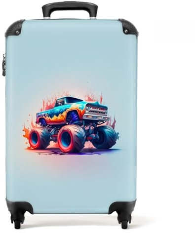 NoBoringSuitcases.com® Kindertrolley Jungen Handgepäck Mini Koffer Suitcase Monstertruck - Flammen - Blau - 55x35x20cm