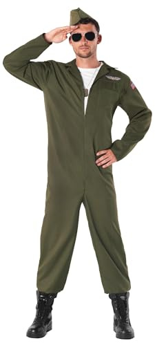 Fun Shack Costume Pilote de Chasse Homme, Deguisement Halloween Homme | Combinaison Verte, Casquette & Lunettes Aviateur, Look Militaire Réaliste, Parfait pour Halloween, Idéal pour se Déguiser