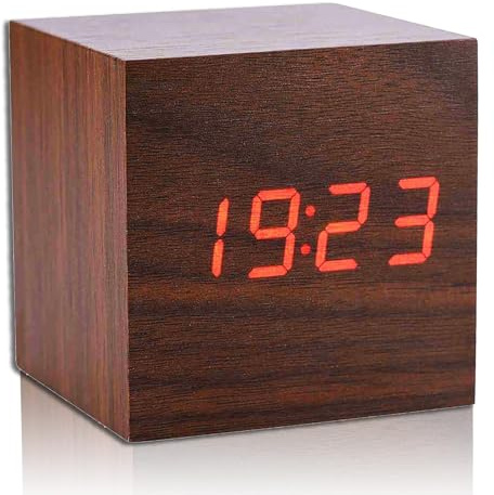 Moderner digitaler Wecker aus Holz, multifunktionaler LED-Wecker, hölzerne Uhr für Schlafzimmer Moderne hölzerne Würfel Uhr 3 Niveaus Helligkeits Temperatur Anzeige mit Sprachsteuerung(Braun)