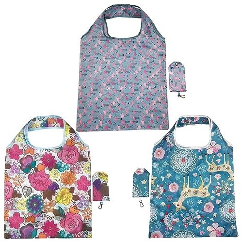 FAVORTALK Reusable Shopping Bags Foldable Packaway - 3 Pcs Fold Up Flowers Pattern Washable Lightweight Groceries Bags for Women Ladies D8506