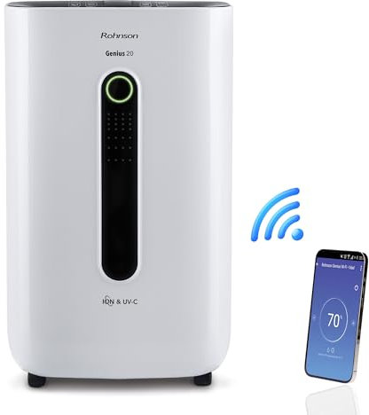 Rohnson Deumidificatore Avanzato - 20L/Giorno, per 120 m², Serbatoio 6,5L, Silenzioso, Portatile, Smart Wi-Fi, Filtro HEPA 13 Opzionale, Ionizzatore, Controllo Umidità, Timer 24h, Blocco Bambini