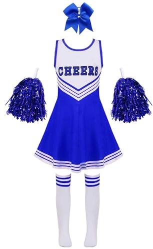 Jowowha Mädchen Cheer Leader Cheerleading Kostüm Schulmädchen Kleid mit Pompons Socken Karneval Fasching Party Halloween Kostüm Blau 122-128