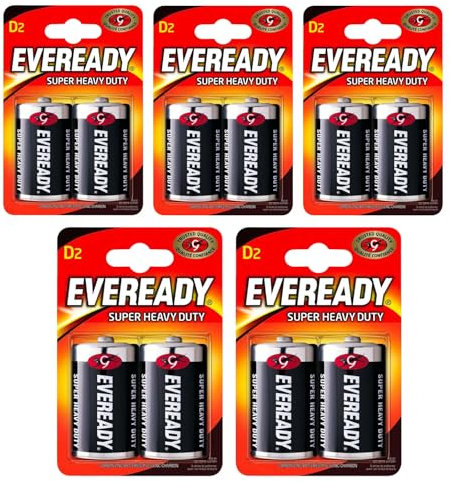 Eveready D Batteries – Pack of 10 Batteries | Heavy Duty Premium Zinc Carbon 1.5V | Reliable Long-Lasting Power for Low Drain Devices such as Flashlights, Radios, Toys & Clocks