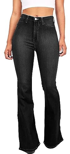 Schlagjeans Einfarbig Gewaschene Jeans Bootcut Jeans für Damen High Waist Jegging Jeans Frauen Volle Länge Stretch Jeans Mode Lässige Hose Punk Style Basic Modell Jeans Streetwear, Schwarz , XL