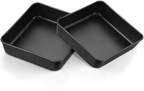 E-far 8 Inch Square Cake Pan Set of 2, Nonstick 8x8 Baking Pan with Stainless Steel Core, Black Metal Bakeware for Brownies Lasagna Cakes, Non-toxic & Easy Clean, 2 Inch Deep