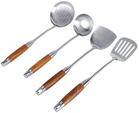 Lot de 4 ustensiles de cuisine en en acier inoxydable 304, poli miroir, durables avec poignée ergonomique, parfaits pour les ustensiles de cuisine