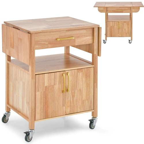 COSTWAY Drop Leaf Kitchen Storage Trolley, Kitchen Island on Wheels with 2-Door Cabinet, Drawer and Open Shelf, Rolling Serving Storage Cart for Living Dining Room