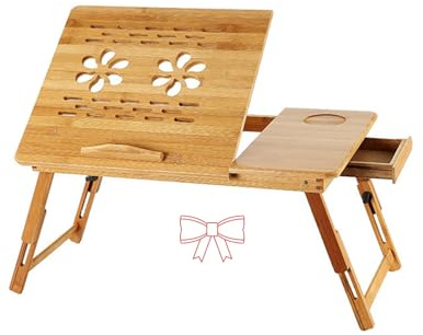 Justerbar bokhylla i bambu, laptopbord, för läsning eller frukost och ritbord, justerbar höjd, hopfällbar, 66 x 35 x 30 cm, träfärg