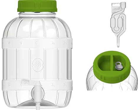 5L Gärballon Kunststoff (PET) Gäreimer Gärbehälter Weinballon + Gärröhrchen + Gummistopfen Gäraufsatz, für Wein, Bier, Maische Fass Getränkespender mit Zapfhahn