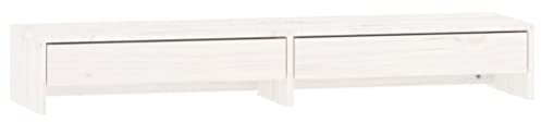 Makastle Monitorständer mit 2 Schubladen, Bildschirmständer Monitor-Raiser Ergonomischer für Laptop, Computer, Weiß 100x27x15 cm Massivholz Kiefer