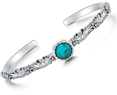 DOLIOX Echtes Vintage Blumen Türkis Armband, Sterling Silber Boho Verstellbarer zierlicher Armreif Indianerschmuck, Passform für 6 6,5 7 7,5