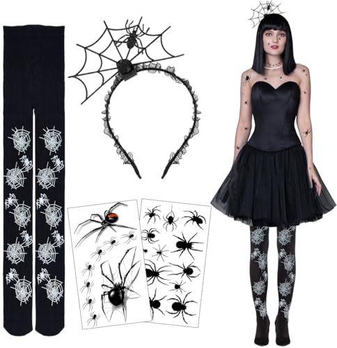 Epokus 3 Stück Halloween Spinnenkostüm Damen, Spinnenweben strumpfhose, Spinnennetz Zubehör Set, Spinnenweben Haarband, Spinnen Gesichtstattoos, Halloween Karneval Kostüm