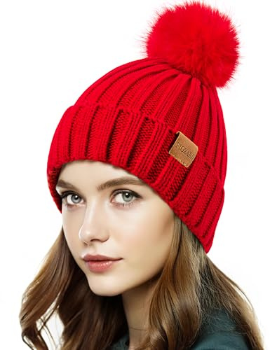 PIOZAED Womens Winter Beanie Hut Fleece gefüttert warme Schädelmütze mit Kunstpelz Pom Manschette gestrickte Mütze für Frauen