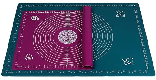 Belmalia 2x Tappetini da Forno in Silicone, 2 Misure Antiaderenti: 51x71 cm + 40x50 cm, Grande Spianatoia in Silicone con Misurazioni, Petrolio e Viola