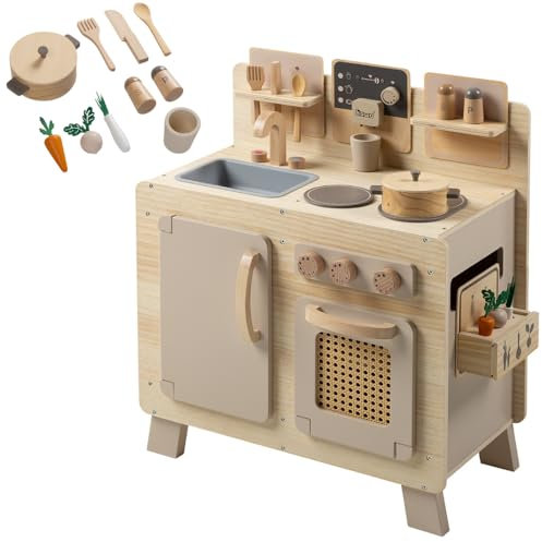 howa Kinderküche Holz 'FoodieFun', Spielküche inkl. 10-teiligem Kinderküchen Zubehör, Küche Kinder mit Herd, Backofen, Spüle, Stauraum, Rattanoptik, Natur/beige 48242